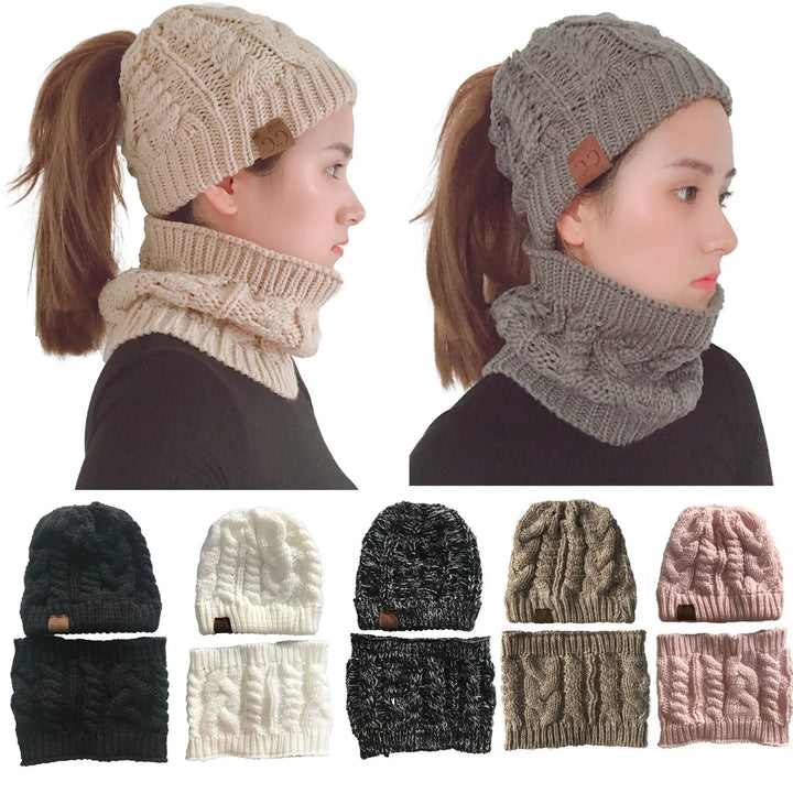Autumn Winter Women's Hat Caps Knitted Warm ring Scarf Windproof Balaclava Multi Functional CC ponytail Hats Scarf Set For Women - Image #1