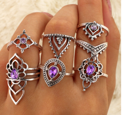7 Pcs Women Rings Set Knuckle Rings Bohemian Rings Crystal Rings - Image #1
