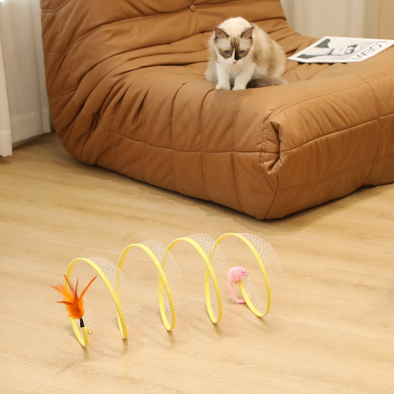 S swirl tunnel cat toy with feather and ball