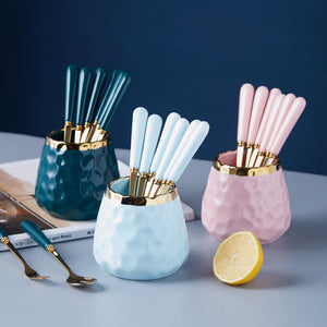 Tregoer Dessert Forks & Spoon Set,Ceramic Jar with 4 Forks and 4 Spoons for Coffee, Fashionable Kitchen Flatware Set