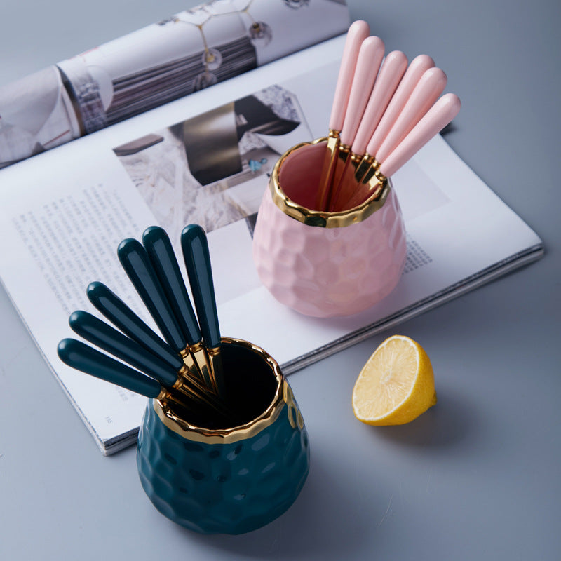 Tregoer Dessert Forks & Spoon Set,Ceramic Jar with 4 Forks and 4 Spoons for Coffee, Fashionable Kitchen Flatware Set